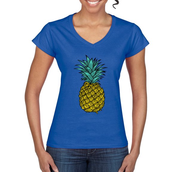 Wild Bobby, Trendy Tropical Pineapple, Fashion, Women Standard V-Neck Tee, Royal, Large
