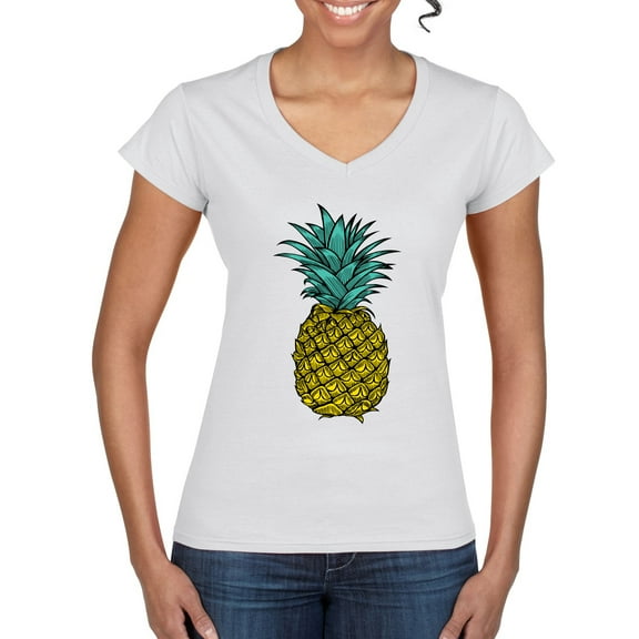 Wild Bobby, Trendy Tropical Pineapple, Fashion, Women Standard V-Neck Tee, White, X-Large