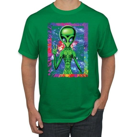 Wild Bobby, Trippy Alien in Space Peace Hand Pop Culture Men's Graphic T-Shirt, Kelly, 4XL