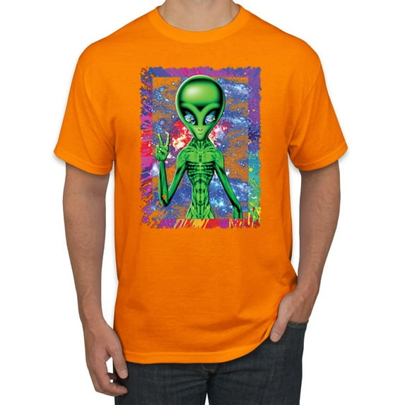 Wild Bobby, Trippy Alien in Space Peace Hand Pop Culture Men's Graphic T-Shirt, Orange, 2XL