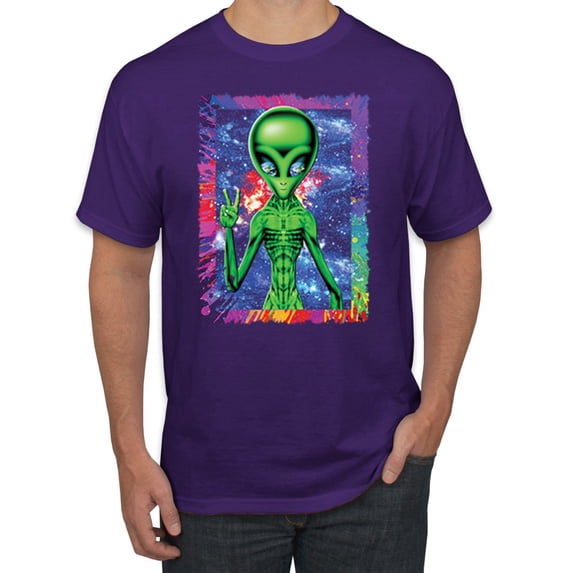 Wild Bobby, Trippy Alien in Space Peace Hand Pop Culture Men's Graphic T-Shirt, Purple, X-Large