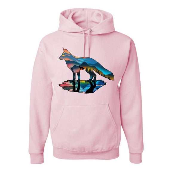 Wild Bobby, Trippy California Rainbow Neon Wolf Mountain Silhouette | Mens Animal Lover Hooded Sweatshirt Graphic Hoodie, Light Pink, 3XL