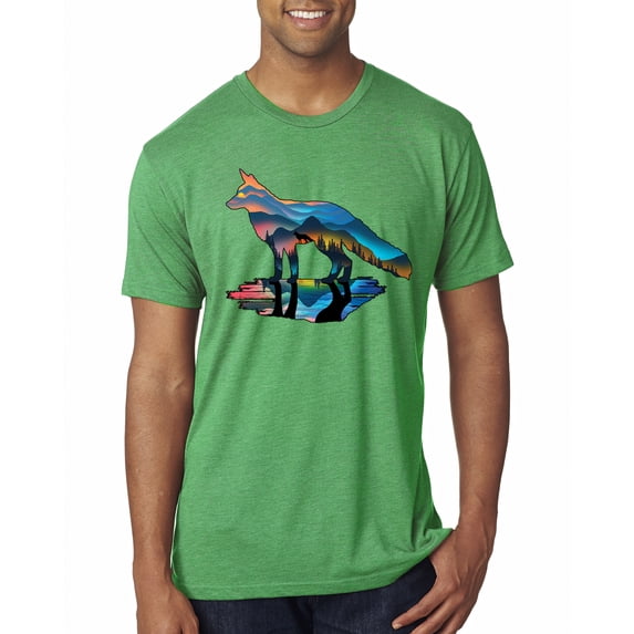 Wild Bobby, Trippy California Rainbow Neon Wolf Mountain Silhouette | Mens Animal Lover Premium Tri Blend T-Shirt, Envy, 2XL