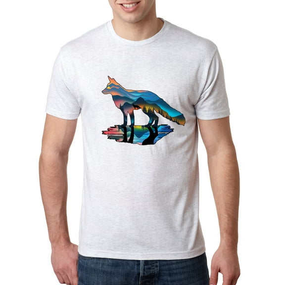 Wild Bobby, Trippy California Rainbow Neon Wolf Mountain Silhouette | Mens Animal Lover Premium Tri Blend T-Shirt, Heather White, Small