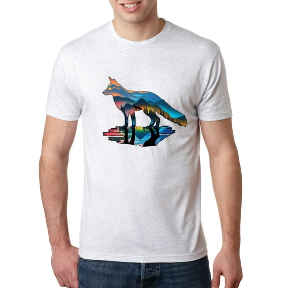 Wild Bobby, Trippy California Rainbow Neon Wolf Mountain Silhouette | Mens Animal Lover Premium Tri Blend T-Shirt, Heather White, Small