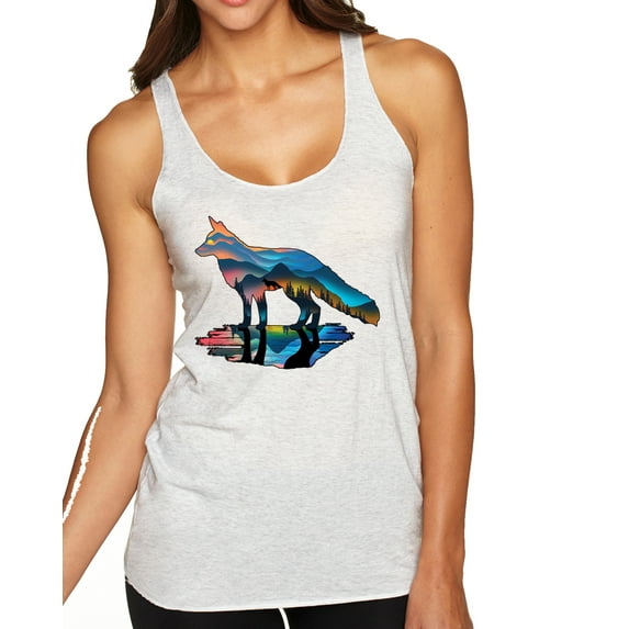 Wild Bobby, Trippy California Rainbow Neon Wolf Mountain Silhouette | Womens Animal Lover Premium Tri-Blend Racerback Tank Top, Heather White, Small