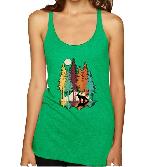 Wild Bobby, Trippy California Redwoods Forest Fox Silhouette | Womens Fashion Premium Tri-Blend Racerback Tank Top, Envy, Small