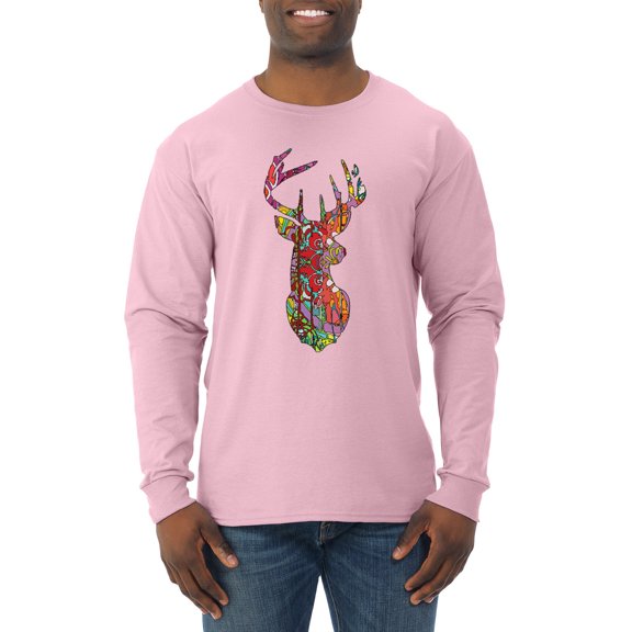 Wild Bobby, Trippy Colorful Buck Head Rainbow Hunting Deer Mosaic Animal Lover Mens Long Sleeve Shirt, Light Pink, X-Large