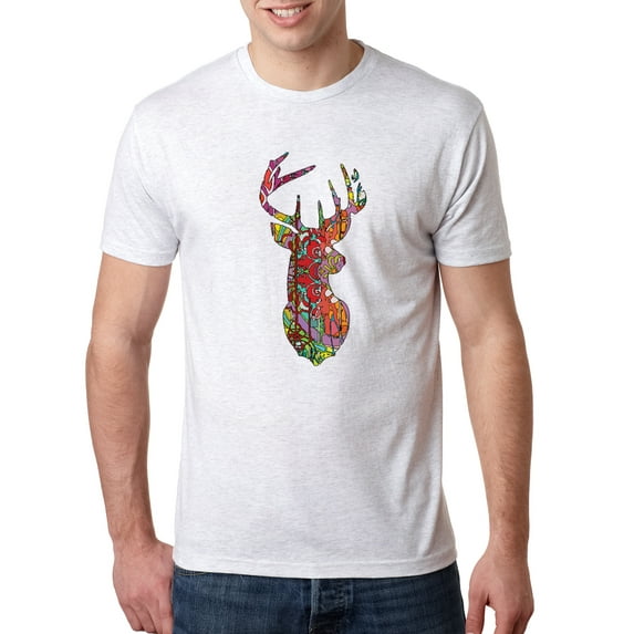 Wild Bobby, Trippy Colorful Buck Head Rainbow Hunting Deer Mosaic Animal Lover Mens Premium Tri Blend T-Shirt, Heather White, X-Large
