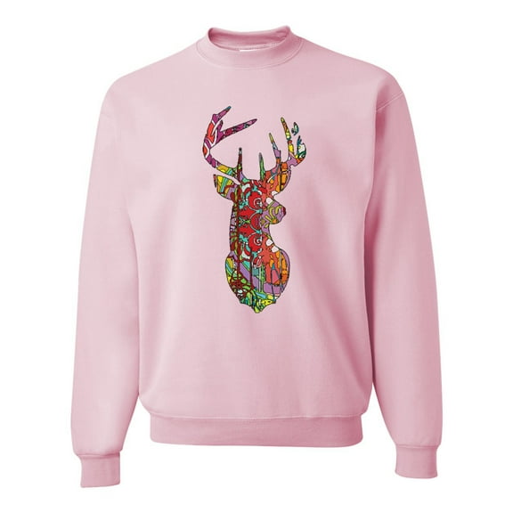 Wild Bobby, Trippy Colorful Buck Head Rainbow Hunting Deer Mosaic Animal Lover Unisex Crewneck Graphic Sweatshirt, Light Pink, X-Large