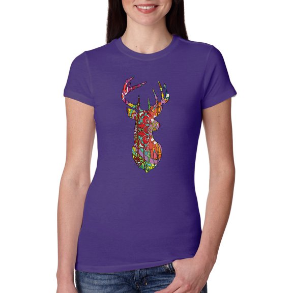 Wild Bobby, Trippy Colorful Buck Head Rainbow Hunting Deer Mosaic Animal Lover Womens Slim Fit Junior Tee, Purple Rush, Large