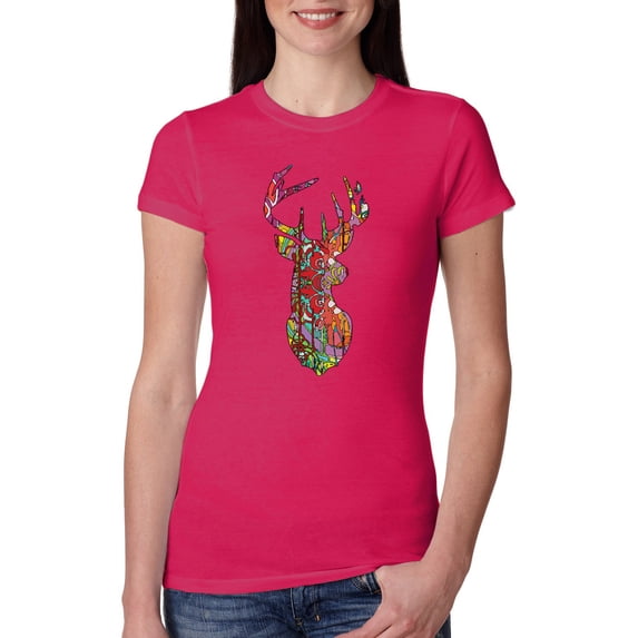 Wild Bobby, Trippy Colorful Buck Head Rainbow Hunting Deer Mosaic Animal Lover Womens Slim Fit Junior Tee, Raspberry, X-Large