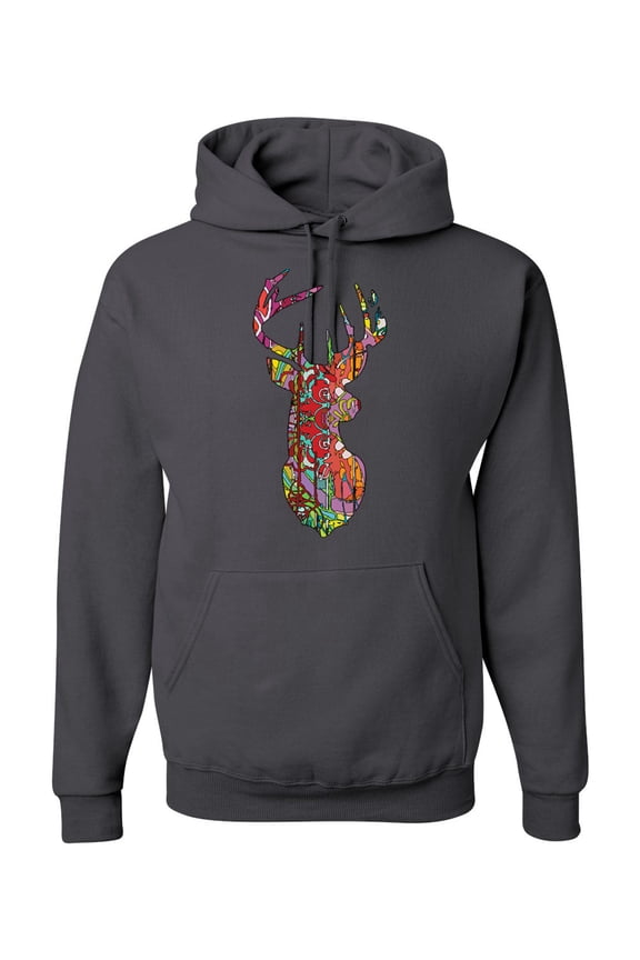 , Trippy Colorful Buck Head Rainbow Hunting Deer Mosaic, Graphic Hoodie, Charcoal, X-Large