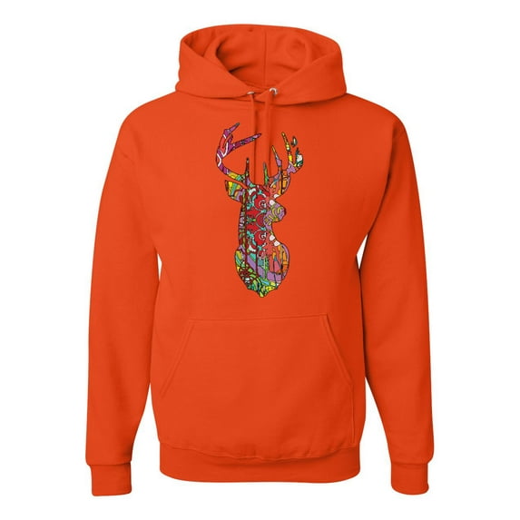 Wild Bobby, Trippy Colorful Buck Head Rainbow Hunting Deer Mosaic, Graphic Hoodie, Orange, Large