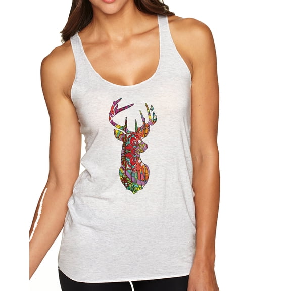 Wild Bobby, Trippy Colorful Buck Head Rainbow Hunting Deer Mosaic | Womens Animal Lover Premium Tri-Blend Racerback Tank Top, Heather White, Large