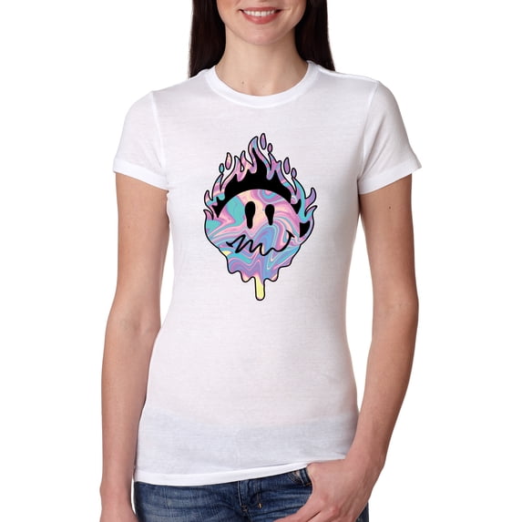 Wild Bobby Trippy Happy Face Women Slim Fit Junior Tee