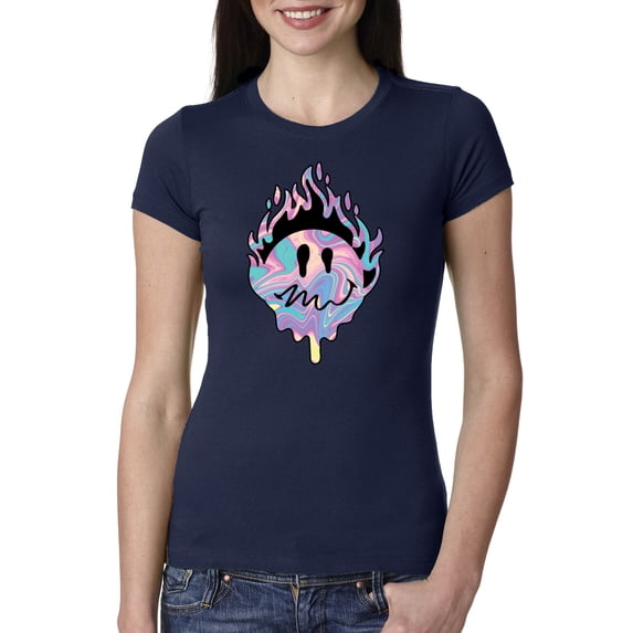 Wild Bobby Trippy Happy Face Women Slim Fit Junior Tee