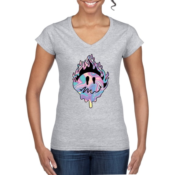 Wild Bobby Trippy Happy Face Women Standard V-Neck Tee