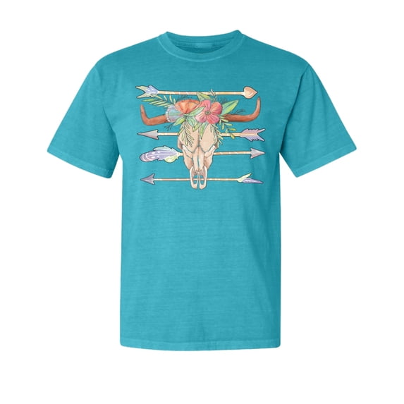 Wild Bobby,Trippy Long Horn Cow Skull, Streetwear, Garment-Dyed Washed Look Short Sleeve T-Shirt, Blue Lagoon, Small