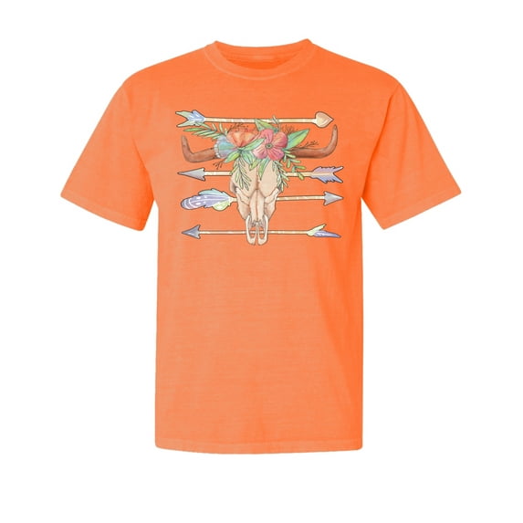 Wild Bobby,Trippy Long Horn Cow Skull, Streetwear, Garment-Dyed Washed Look Short Sleeve T-Shirt, Neon Orange, Medium