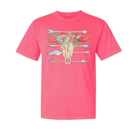 Wild Bobby,Trippy Long Horn Cow Skull, Streetwear, Garment-Dyed Washed Look Short Sleeve T-Shirt, Neon Pink, Medium