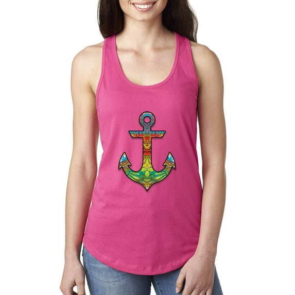 Wild Bobby, Trippy Mandala Nautical Colorful Mosaic Anchor | Womens Fashion Jersey Racerback Tank Top, Raspberry, Small