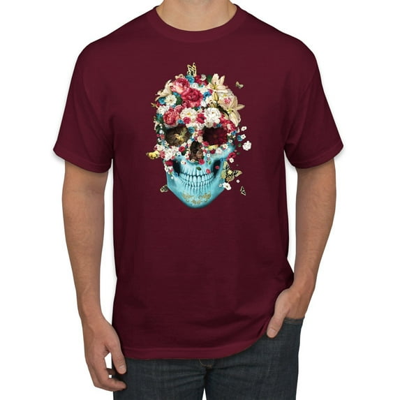 Wild Bobby, Trippy Nature Insects Dandellion Skull Fashion Graphic T-Shirt, Maroon, 4XL