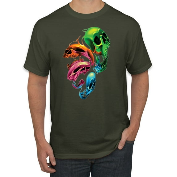 Wild Bobby, Trippy Neon Melting Skulls Men's Graphic T-Shirt, Military Green, 4XL