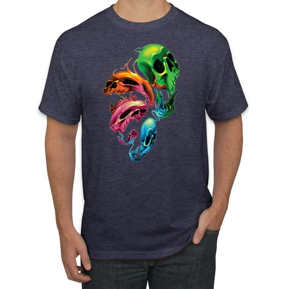 Wild Bobby, Trippy Neon Melting Skulls Men's Graphic T-Shirt, Vintage Heather Navy, 5XL