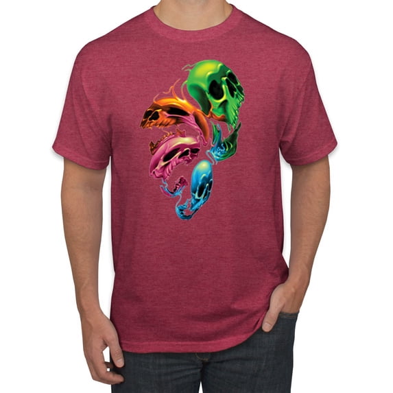Wild Bobby, Trippy Neon Melting Skulls Men's Graphic T-Shirt, Vintage Heather Red, Small