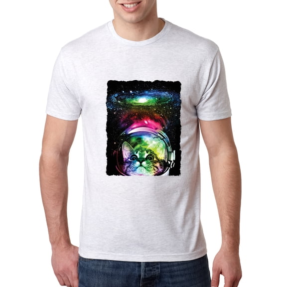Wild Bobby, Trippy Neon Space Astronaut Lunar Cat | Mens Cat Lover Premium Tri Blend T-Shirt, Heather White, Small