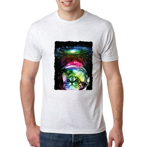 Wild Bobby, Trippy Neon Space Astronaut Lunar Cat | Mens Cat Lover Premium Tri Blend T-Shirt, Heather White, X-Large