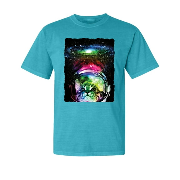 Wild Bobby, Trippy Neon Space Astronaut Lunar Cat, Streetwear, Garment-Dyed Washed Look Short Sleeve T-Shirt, Blue Lagoon, Small