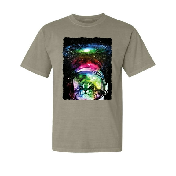 Wild Bobby, Trippy Neon Space Astronaut Lunar Cat, Streetwear, Garment-Dyed Washed Look Short Sleeve T-Shirt, Sand, 2XL