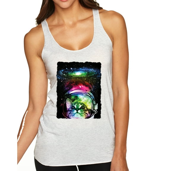 Wild Bobby, Trippy Neon Space Astronaut Lunar Cat | Womens Cat Lover Premium Tri-Blend Racerback Tank Top, Heather White, Small