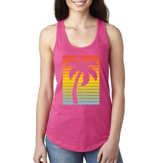 Tropical Palm Tree Silhouette | Womens Pop Culture Jersey Racerback Tank Top, Raspberry, Large