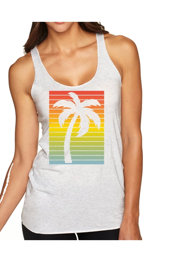 , Tropical Palm Tree Silhouette | Womens Pop Culture Premium Tri-Blend Racerback Tank Top, Heather White, Large
