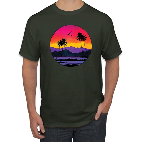 Wild Bobby, Tropical Paradise Beach Sunset, Streetwear, Men Graphic Tees, Forest Green, 3XL