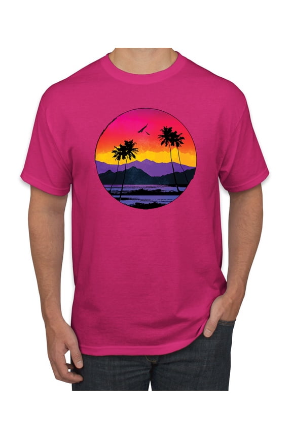 , Tropical Paradise Beach Sunset, Streetwear, Men Graphic Tees, Fuschia, 5XL