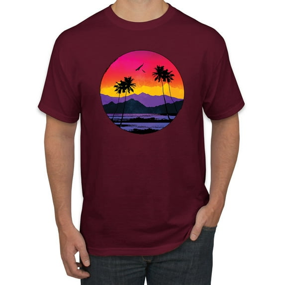 Wild Bobby, Tropical Paradise Beach Sunset, Streetwear, Men Graphic Tees, Maroon, 2XL