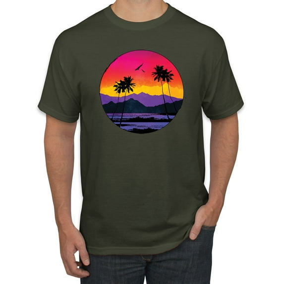 Wild Bobby, Tropical Paradise Beach Sunset, Streetwear, Men Graphic Tees, Military Green, 5XL
