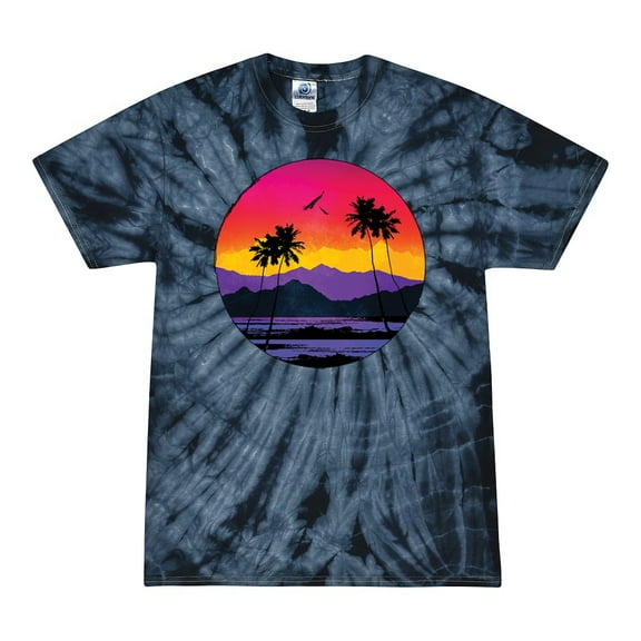 Wild Bobby, Tropical Paradise Beach Sunset, Streetwear, Tie-Dye Tees, Spiral Navy, Large
