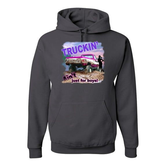 Wild Bobby, Truckin Ain't Just For Boys, Cars and Trucks, Unisex Graphic Hoodie Sweatshirt, Charcoal, 3X-Large