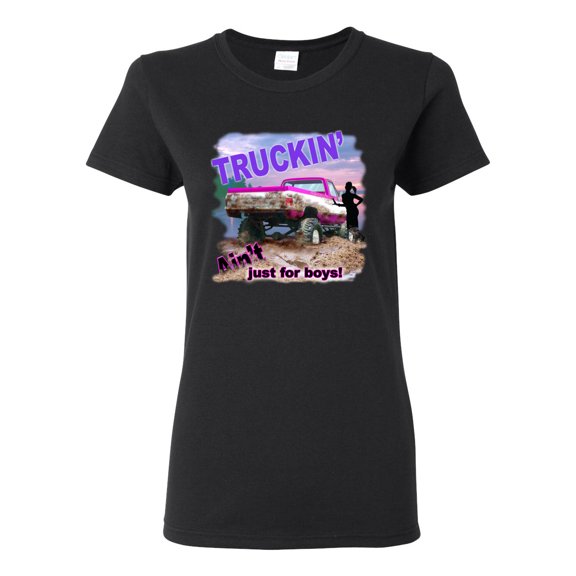 Wild Bobby, Truckin Ain't Just For Boys, Cars and Trucks, Women Graphic Tee, Black, Small