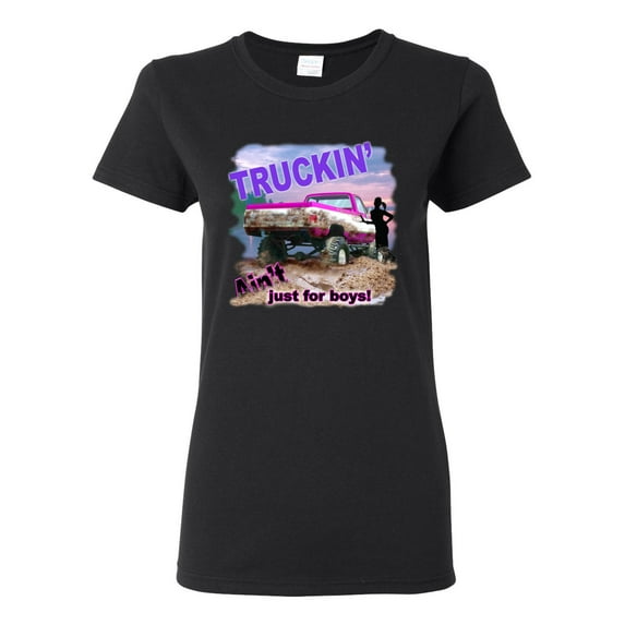 Wild Bobby, Truckin Ain't Just For Boys, Cars and Trucks, Women Graphic Tee, Black, Small