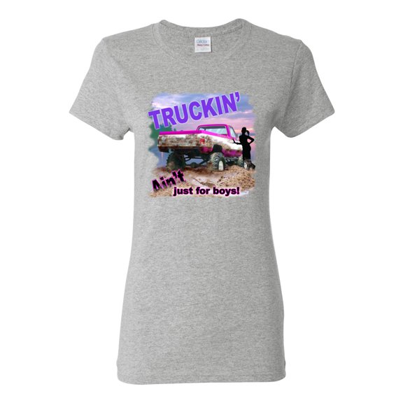 Wild Bobby, Truckin Ain't Just For Boys, Cars and Trucks, Women Graphic Tee, Heather Grey, Small