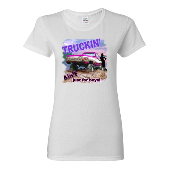 Wild Bobby, Truckin Ain't Just For Boys, Cars and Trucks, Women Graphic Tee, White, Medium