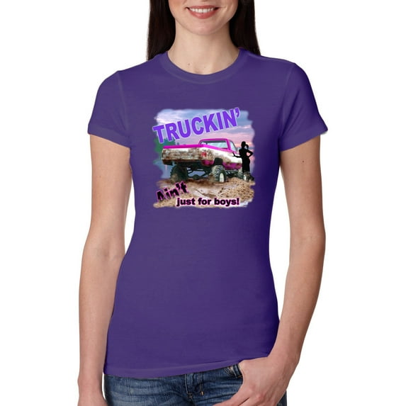 Wild Bobby, Truckin Ain't Just For Boys, Cars and Trucks, Women Slim Fit Junior Tee, Purple Rush, Small