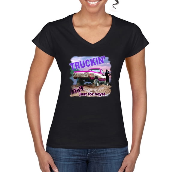 Wild Bobby, Truckin Ain't Just For Boys, Cars and Trucks, Women Standard V-Neck Tee, Black, Small