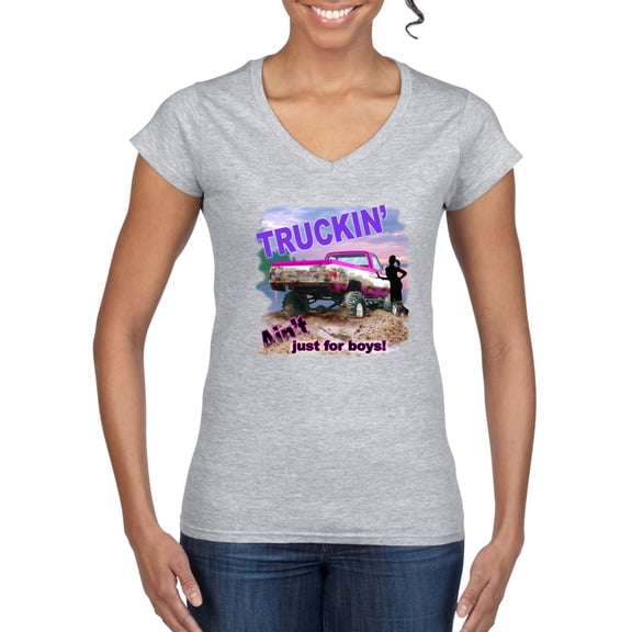 Wild Bobby, Truckin Ain't Just For Boys, Cars and Trucks, Women Standard V-Neck Tee, Heather Grey, Small